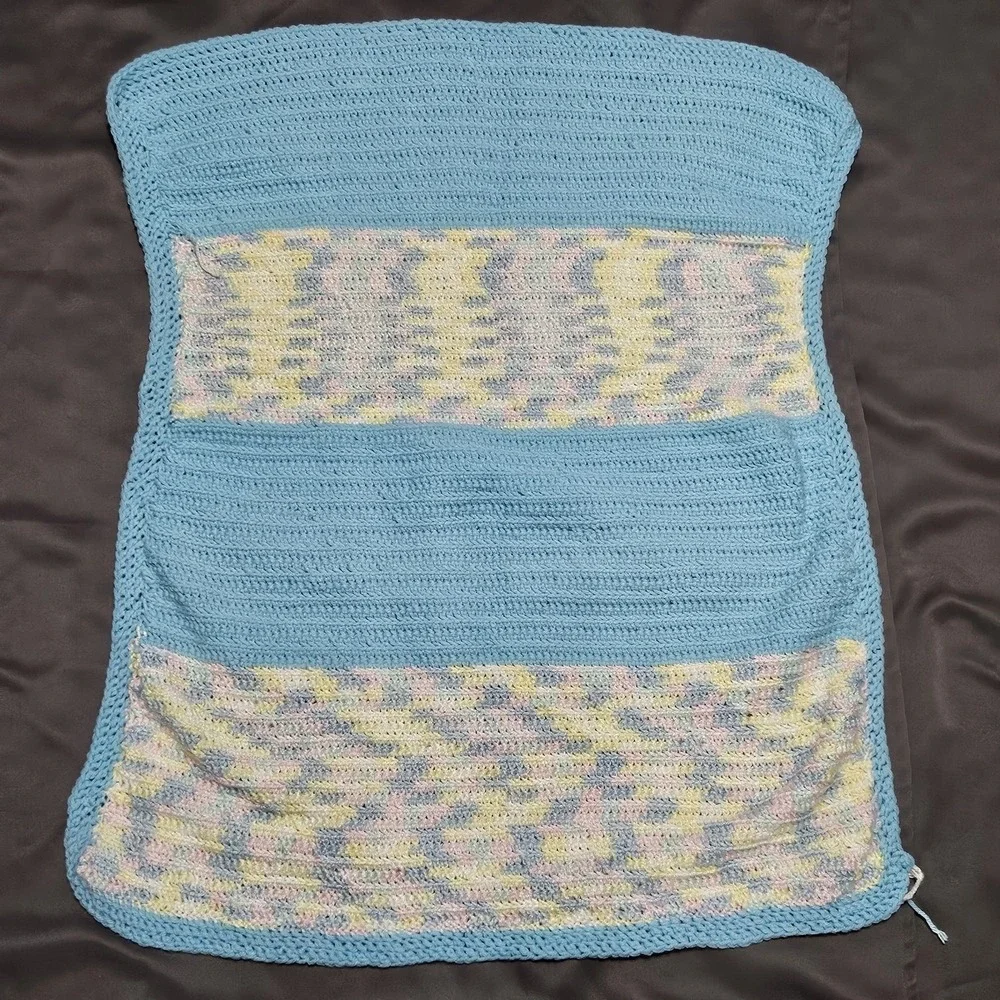 Handmade Crochet Baby Blanket Blue Pastel Variegated Striped 26x35 Nursery